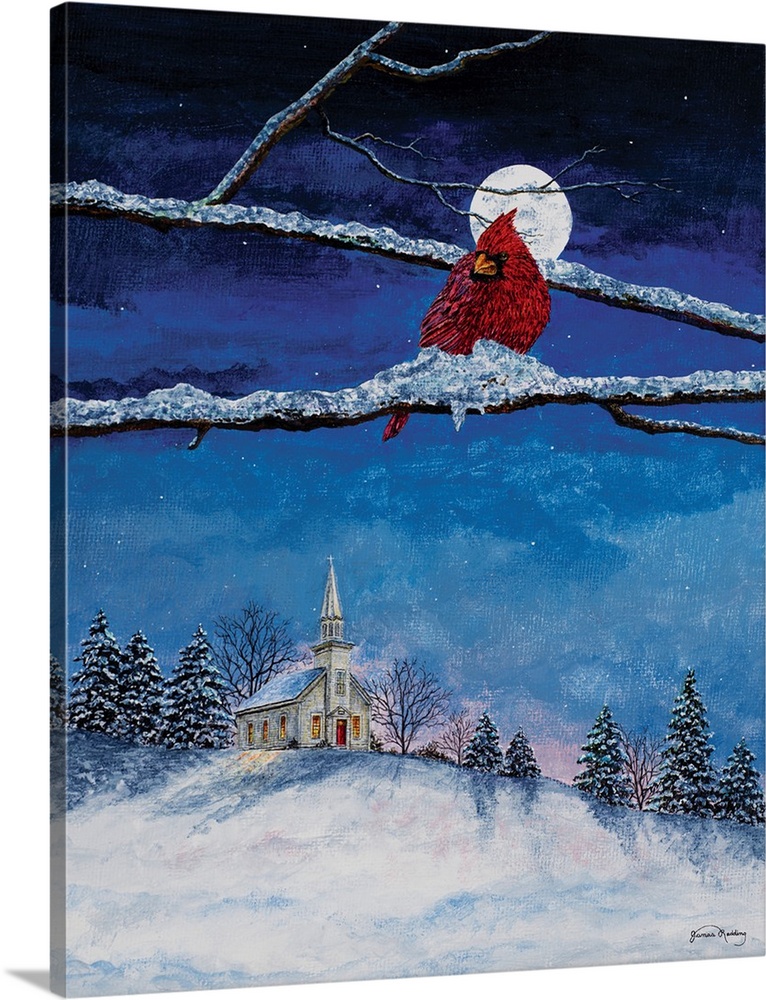 A contemporary painting of a cardinal sitting on a snowy tree branch with a white church in the background and a full moon...