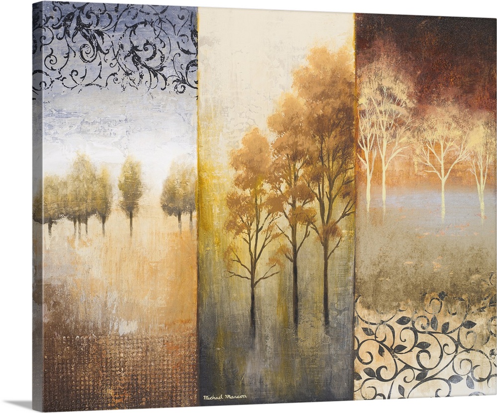 Oversized, horizontal home art docor of three vertical images pieced together.  Each panel has a different group of trees ...