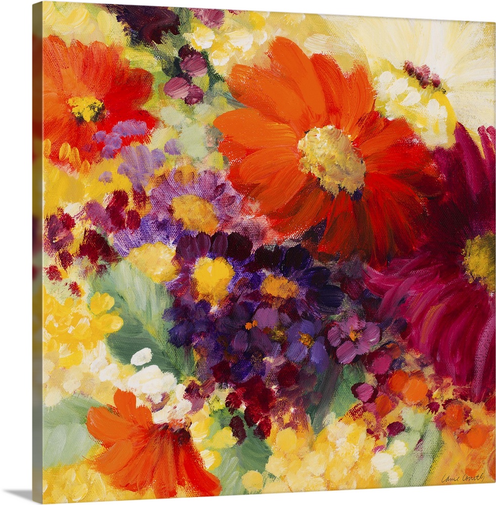 Colorful floral painting of multi colored daisy flowers.