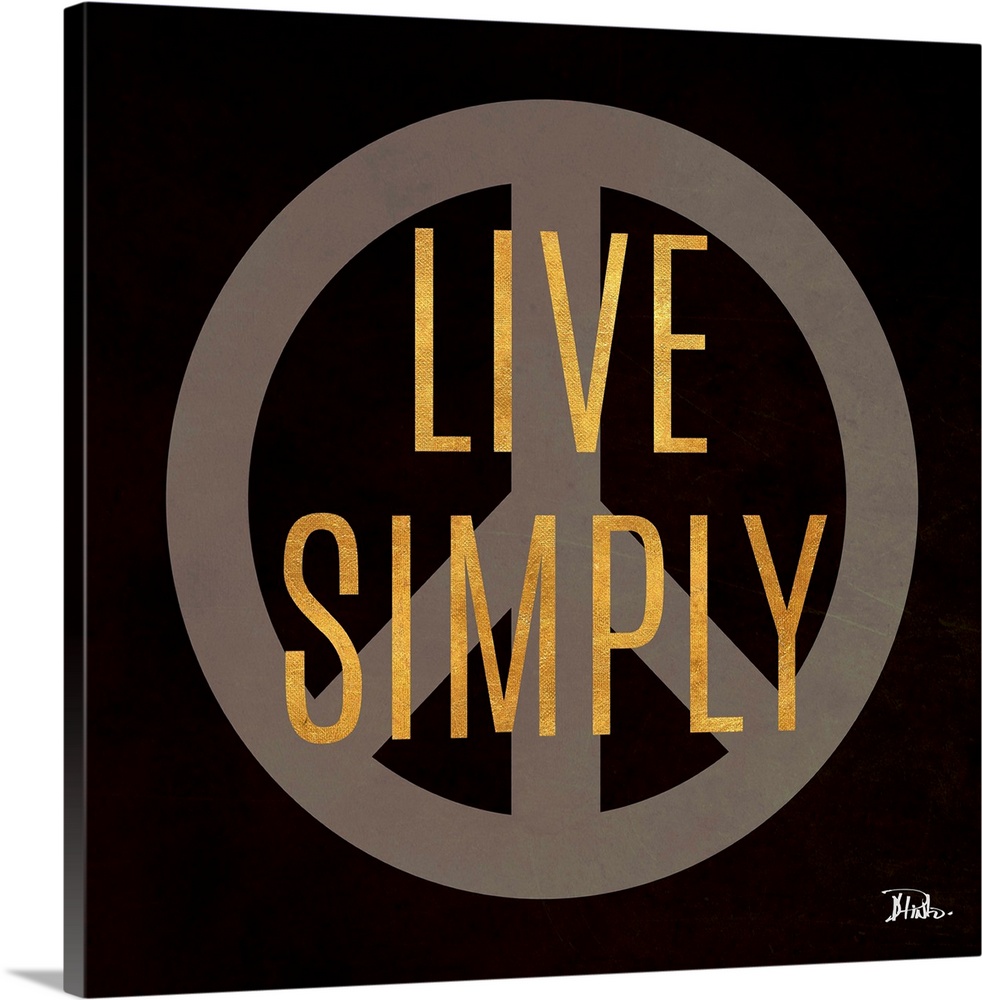 The words "Live Simply" in gold over a peace sign against a black background.