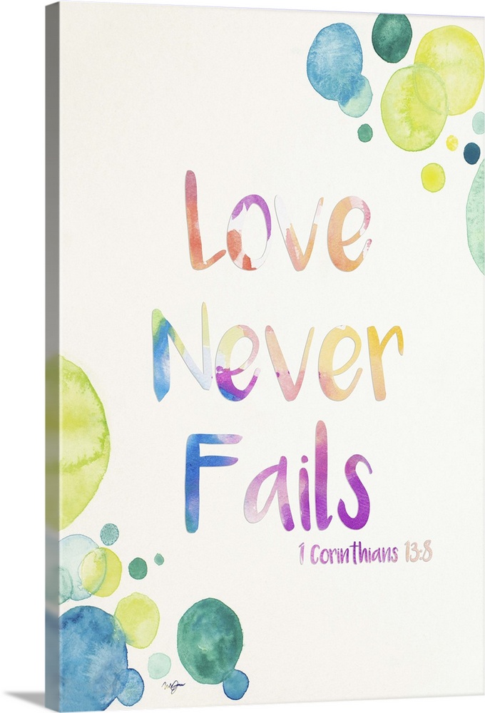 "Love Never Fails" 1 Corinthians 13:8 created with watercolor on a white background with bubbles in the corners.