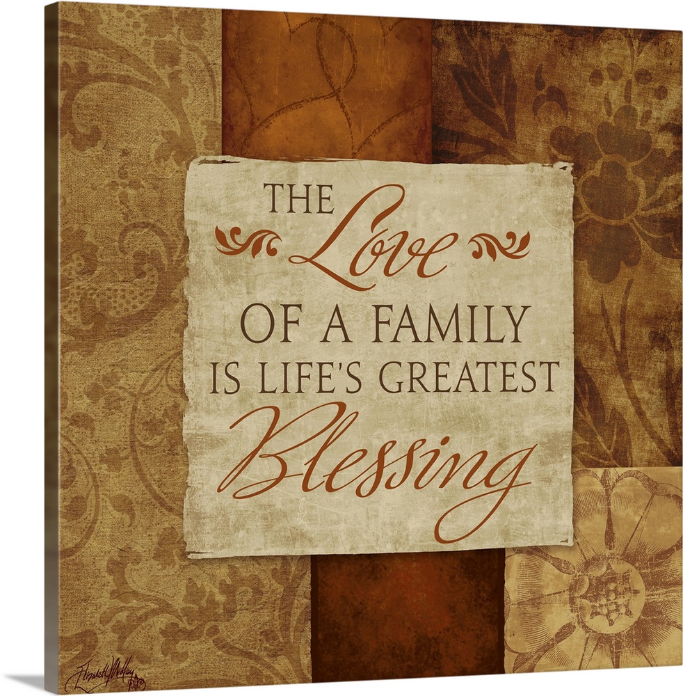 Inspirational artwork of a quote about family surrounded by different designs on neutral color blocks.