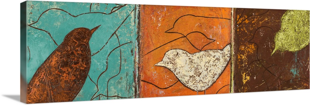 Abstract painting on a panoramic canvas of three different blocks of color with birds stenciled on top.