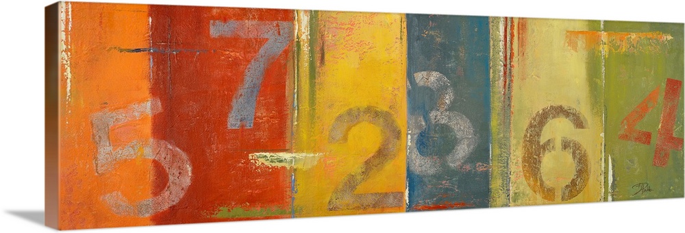 Landscape artwork on a large wall hanging of  six different single digit numbers, roughly painted and randomly placed on v...
