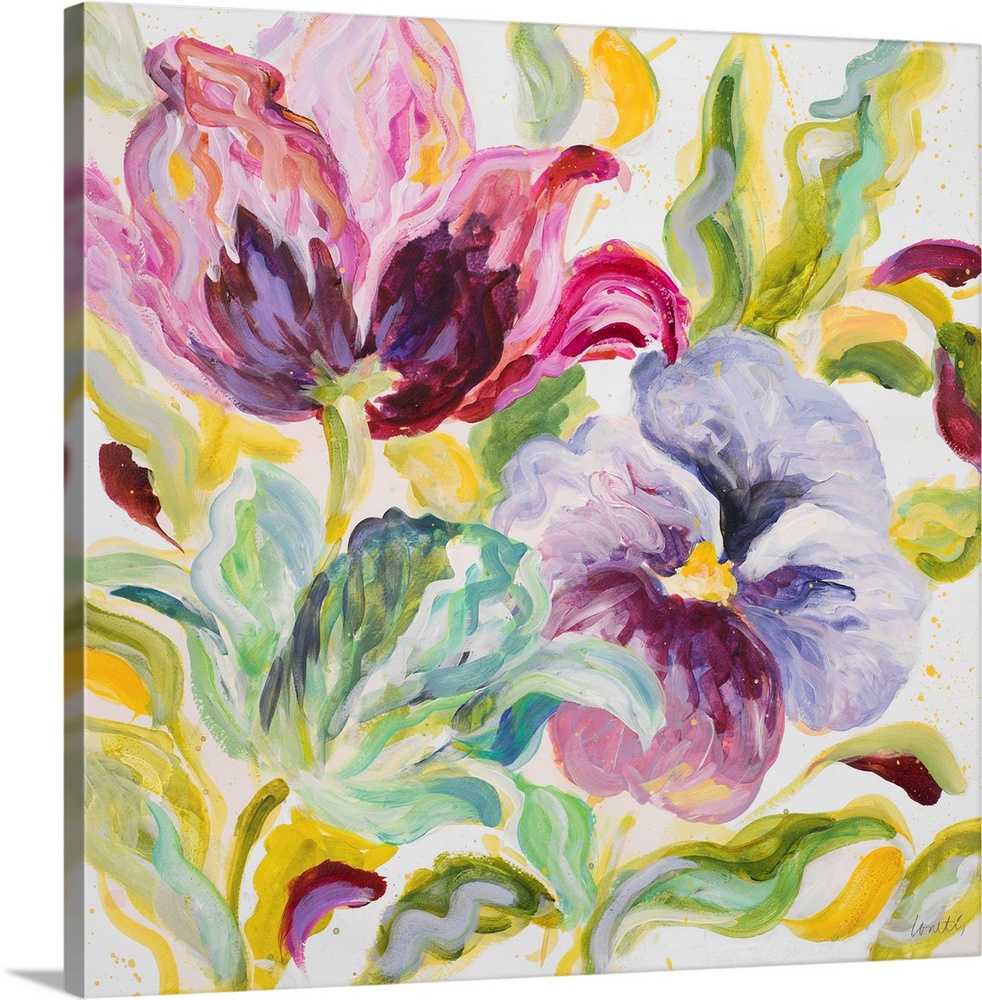 Painting of pansies and other flowers in teal and fuchsia shades.