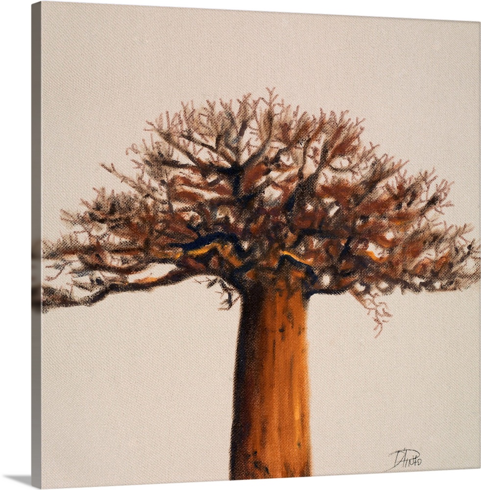 Decorative artwork of a large baobab tree against a neutral background.