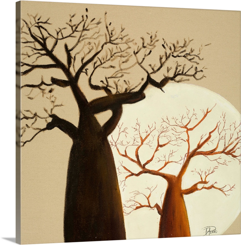 Decorative artwork of two large baobab trees against a neutral background.