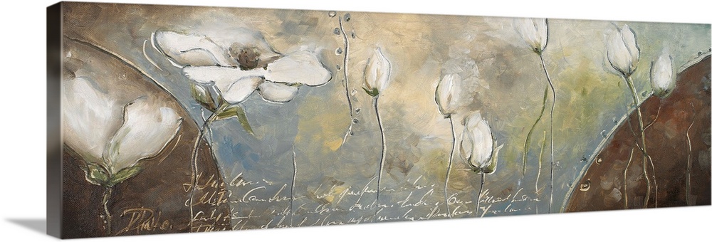 Huge, horizontal home art docor of a line of white flowers in various sizes, floating horizontally across the image on a  ...
