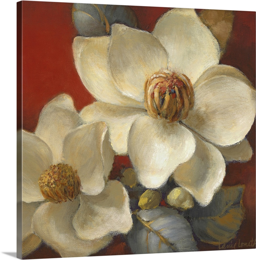 Square painting on canvas of big flowers against a warm background.