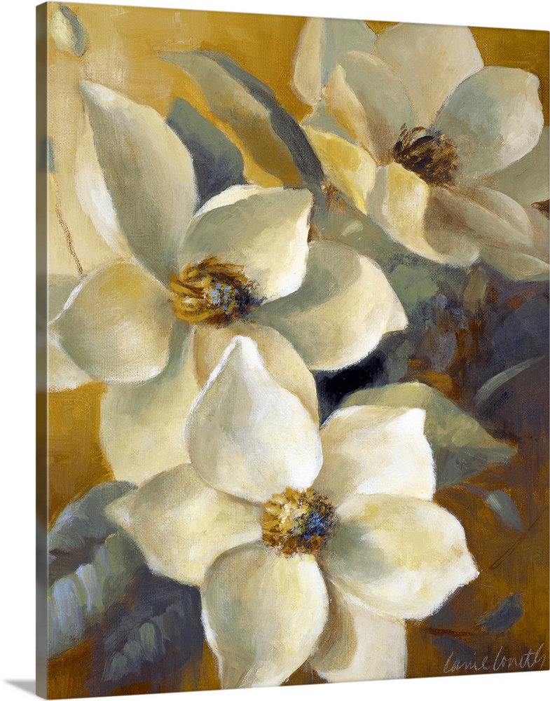 Large, portrait floral painting of several blooming magnolias and their leaves, glowing in the evening sunlight, on a gold...