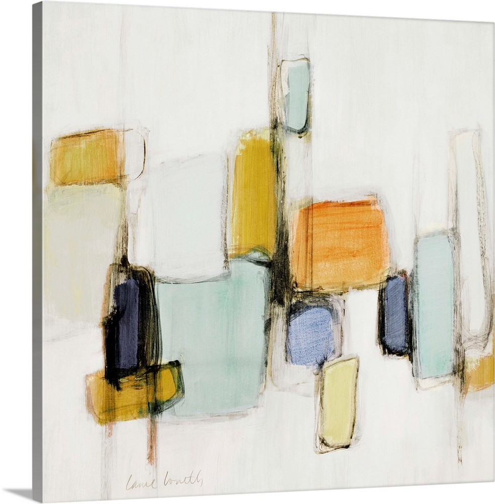 Contemporary abstract art with blue and yellow rectangular shapes.