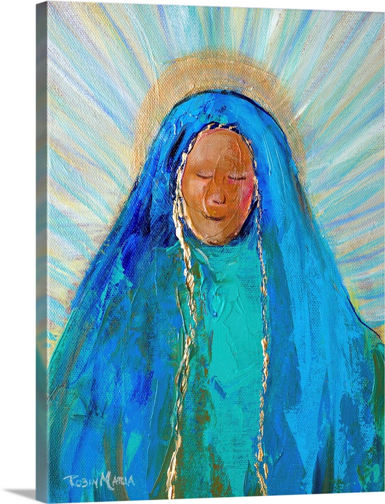 A contemporary painting of mother Mary with a gold halp and colorful sun beams in the background.