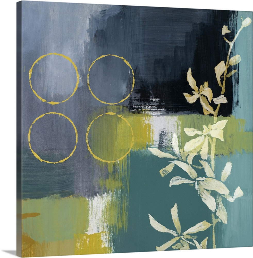 Square, oversized contemporary painting of a single floral branch on a background of various patchy cool and neutral tones...