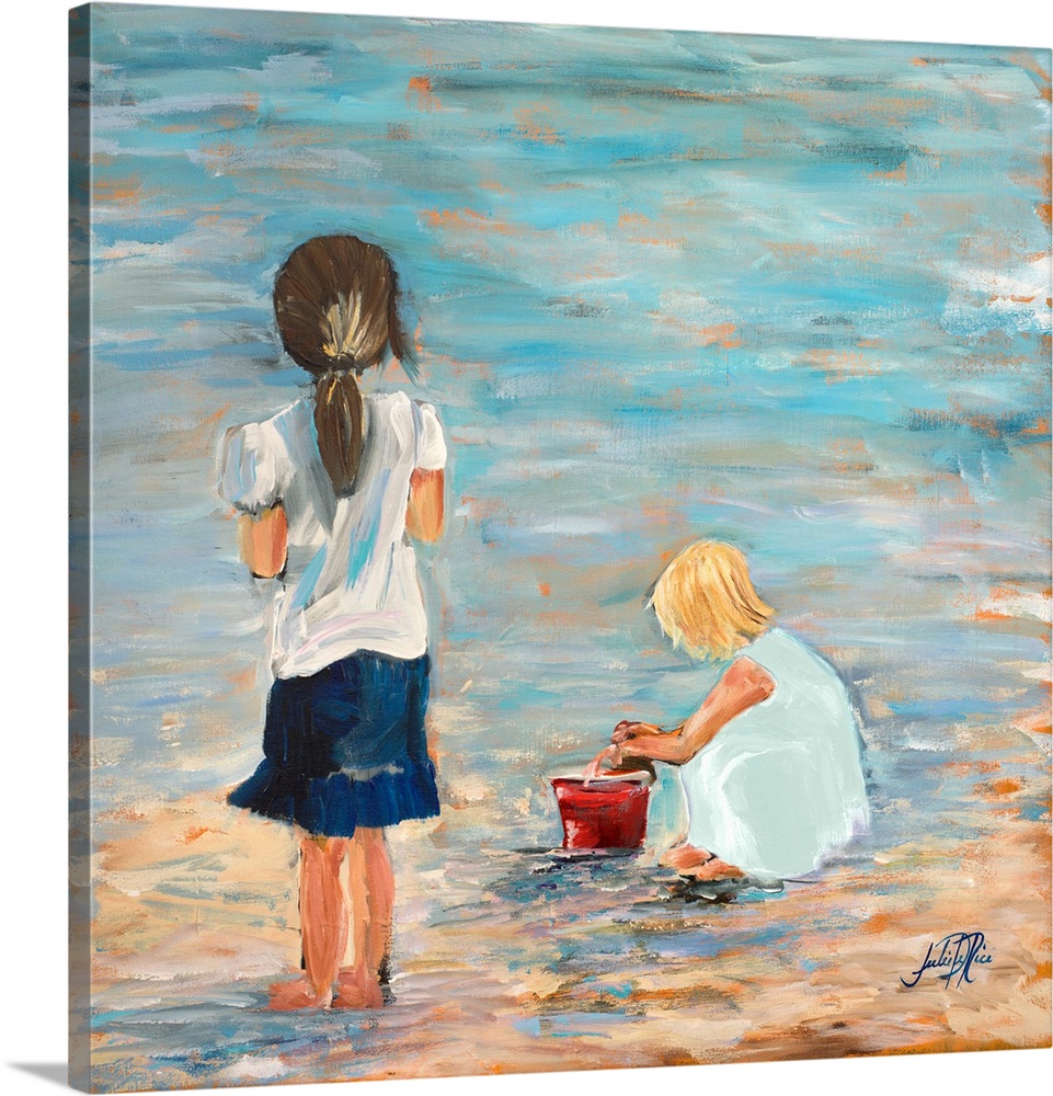 Contemporary artwork featuring two children playing on the shore.