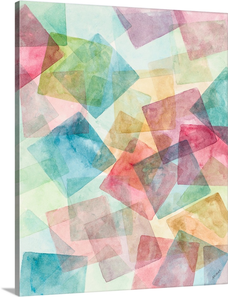 A contemporary watercolor painting of colorful geometric square shapes merging together.