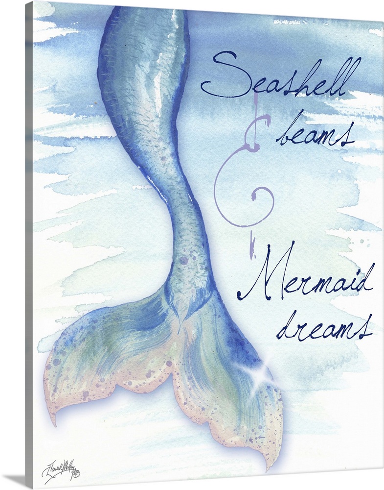 Painting of a blue mermaid tail with shining scales.