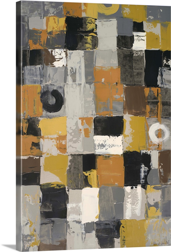 Urban abstract in orange and grey shades, made of patchwork squares.
