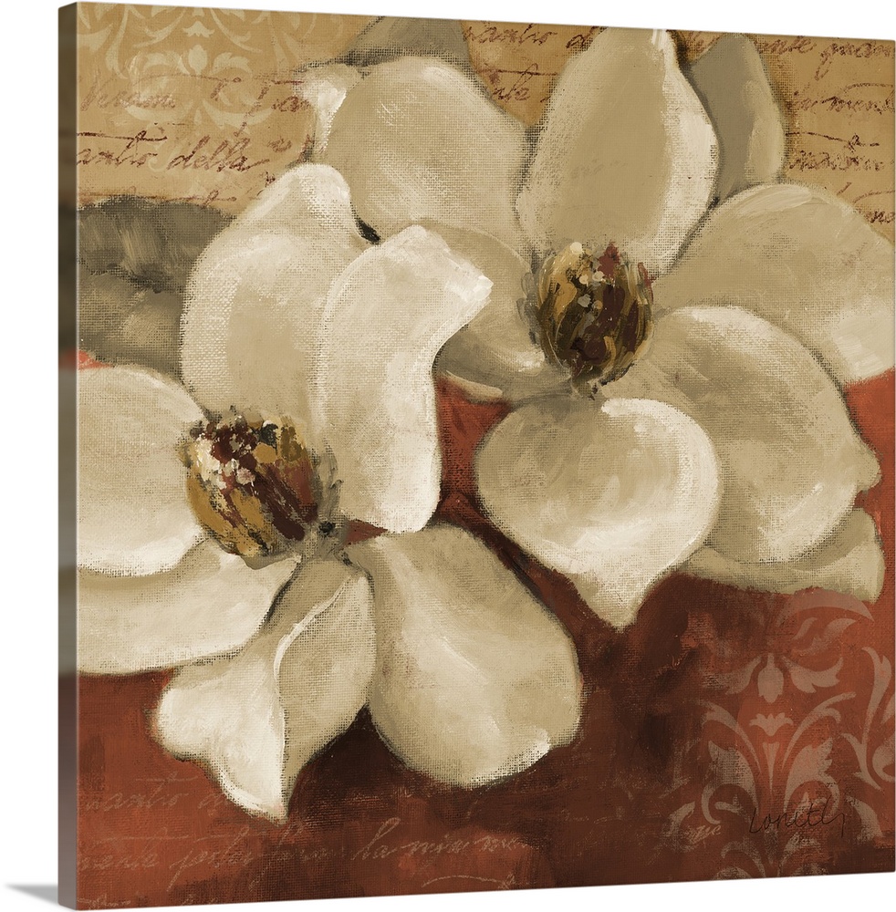 Square painting on canvas of two large flowers with patterns in the background.