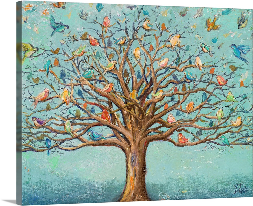Artwork of a tree with branches full of colorful birds.