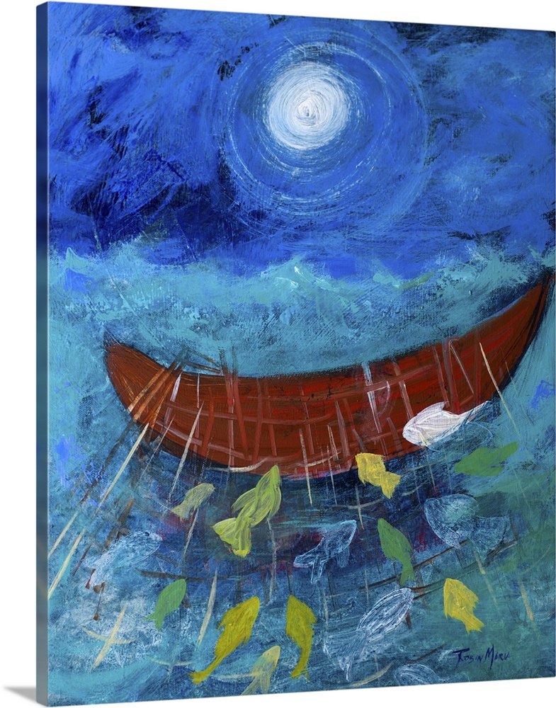 A painting of a boat on the ocean under moonlight with fish jumping out of the water.