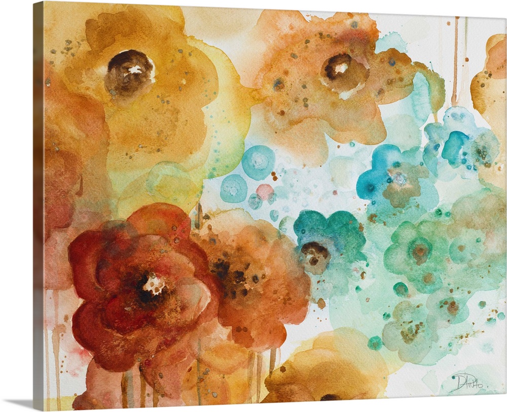Contemporary watercolor painting of flowers, accented with splatters and drips.
