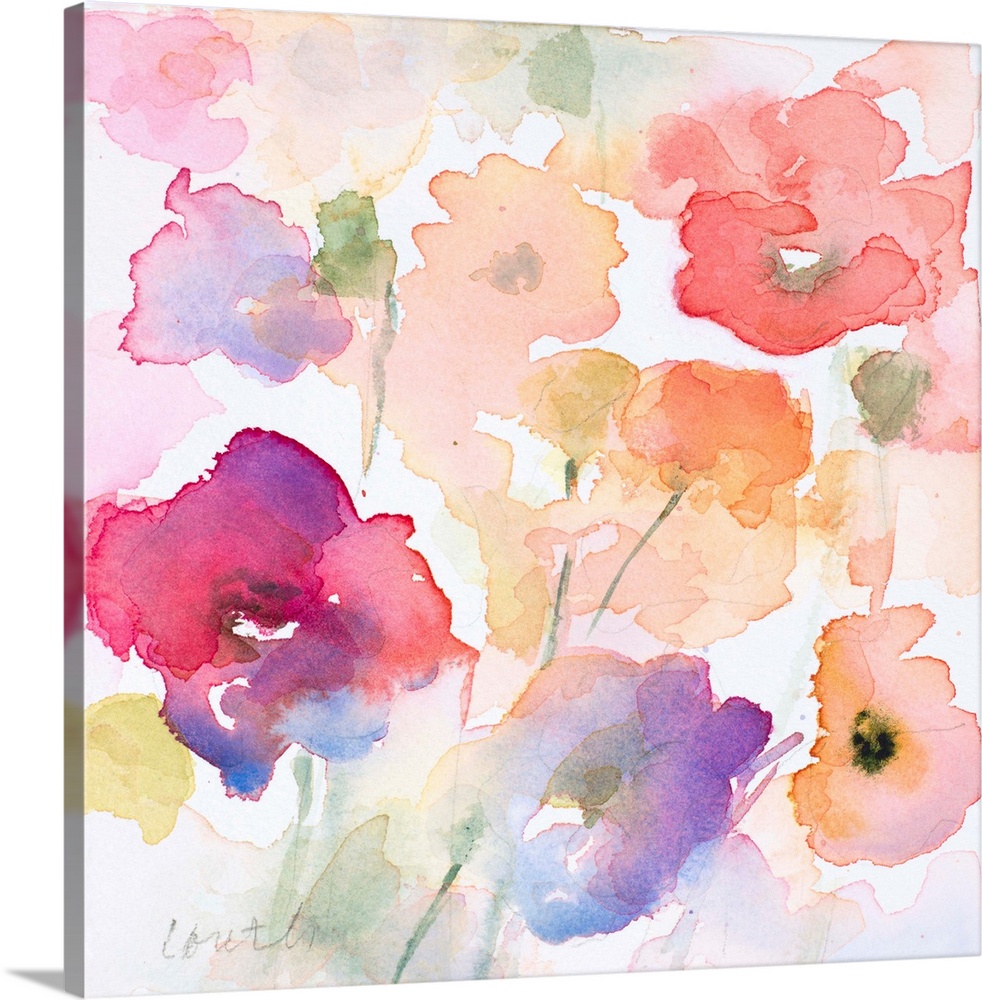 Watercolor flowers dance across this contemporary artwork in warm shades.