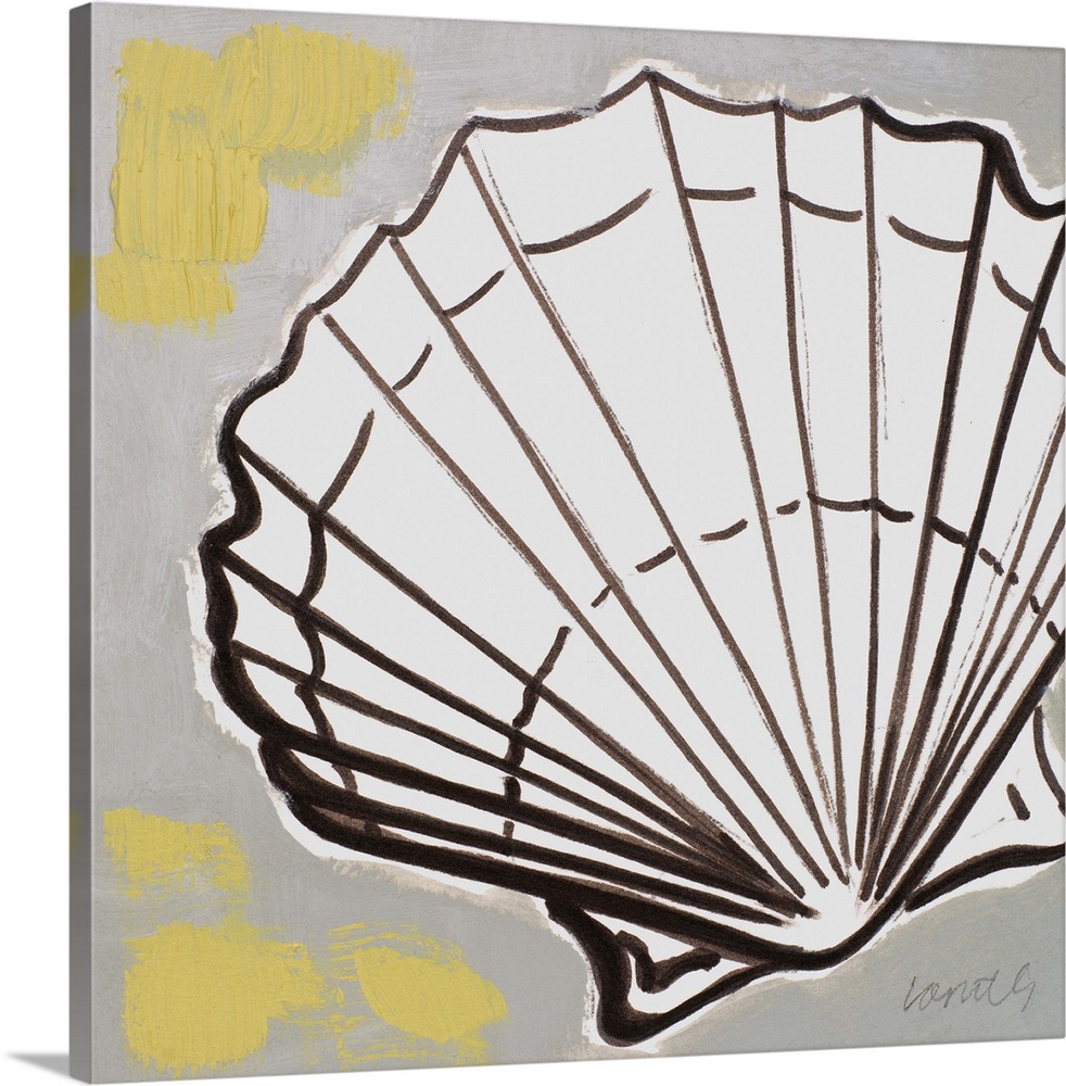 A scallop shell design with bold outlines on a grey and yellow background.