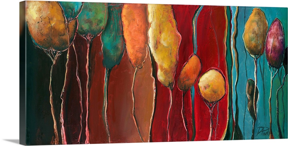 A contemporary abstract painting of tall, skinny trees on a colorful background.