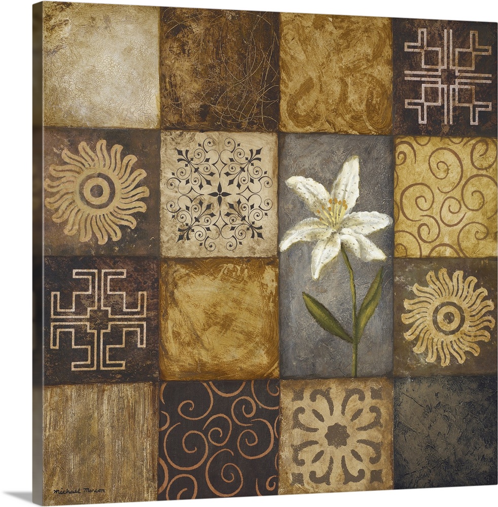 Square painting on canvas of different titles with various patterns and shapes and a colored flower in the middle.