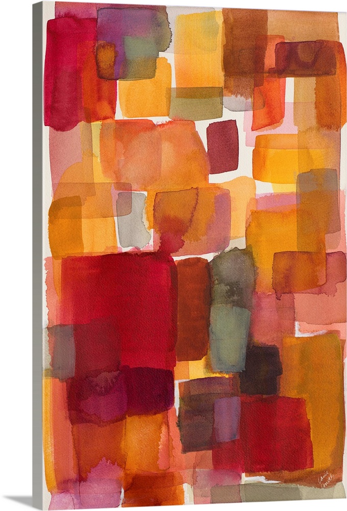 A contemporary abstract watercolor painting with warm toned boxes layered throughout.