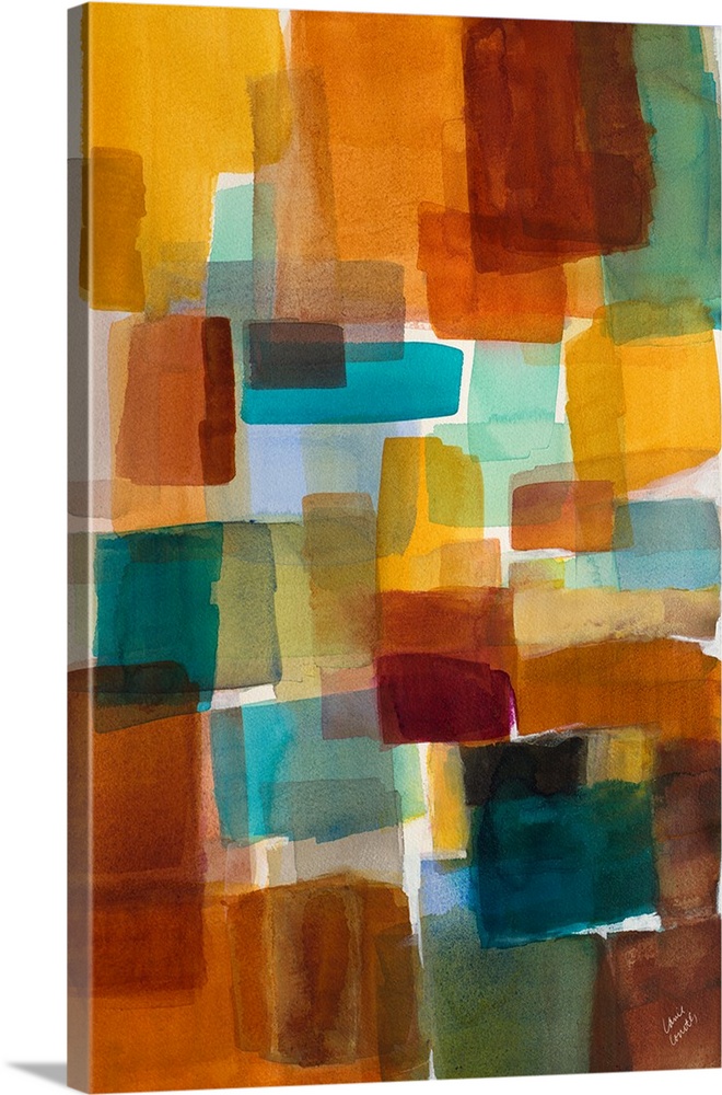 A contemporary abstract watercolor painting with cool toned boxes layered throughout.