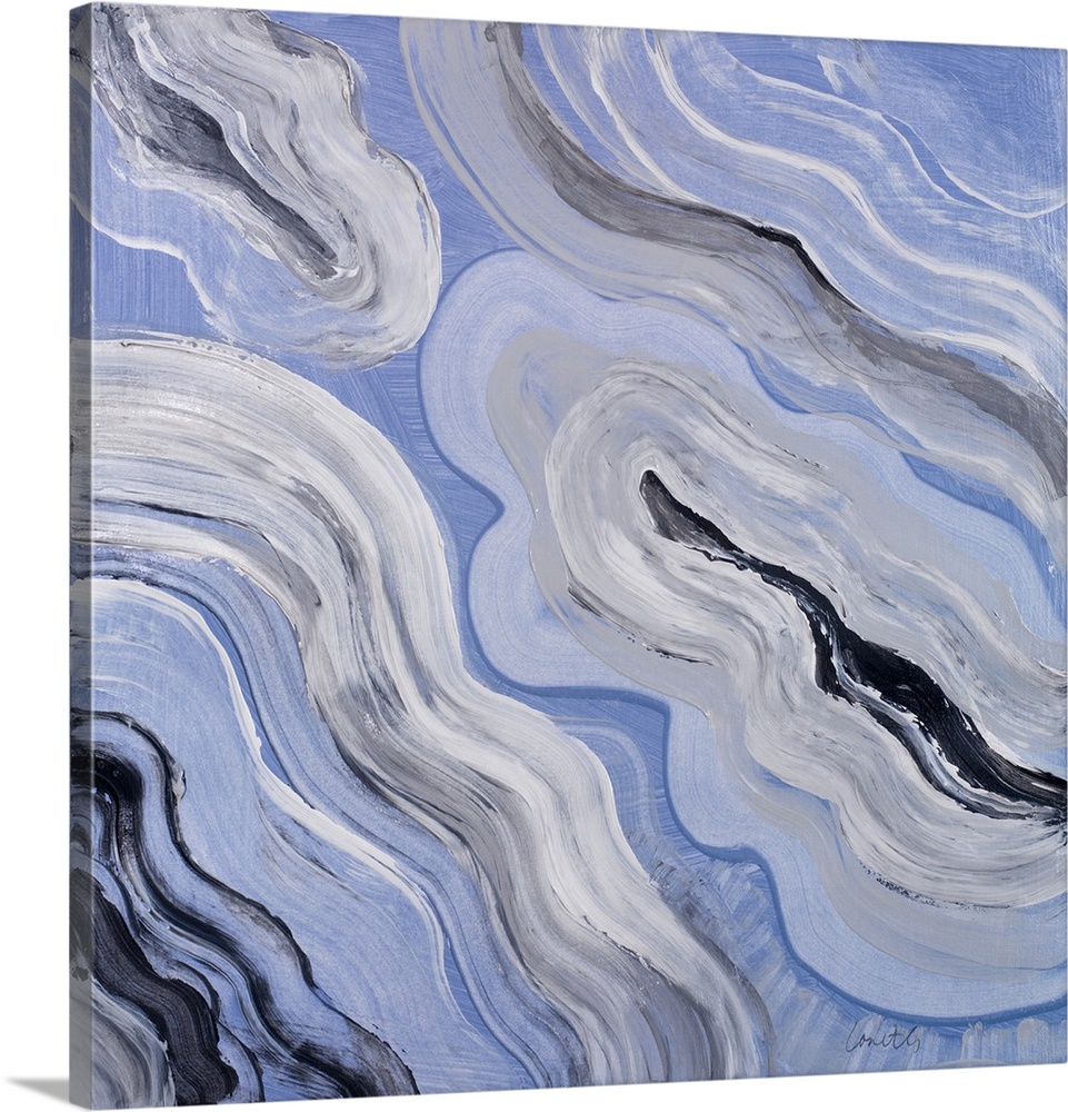 Square abstract painting of agate in shades of blue with gray, black, and white.