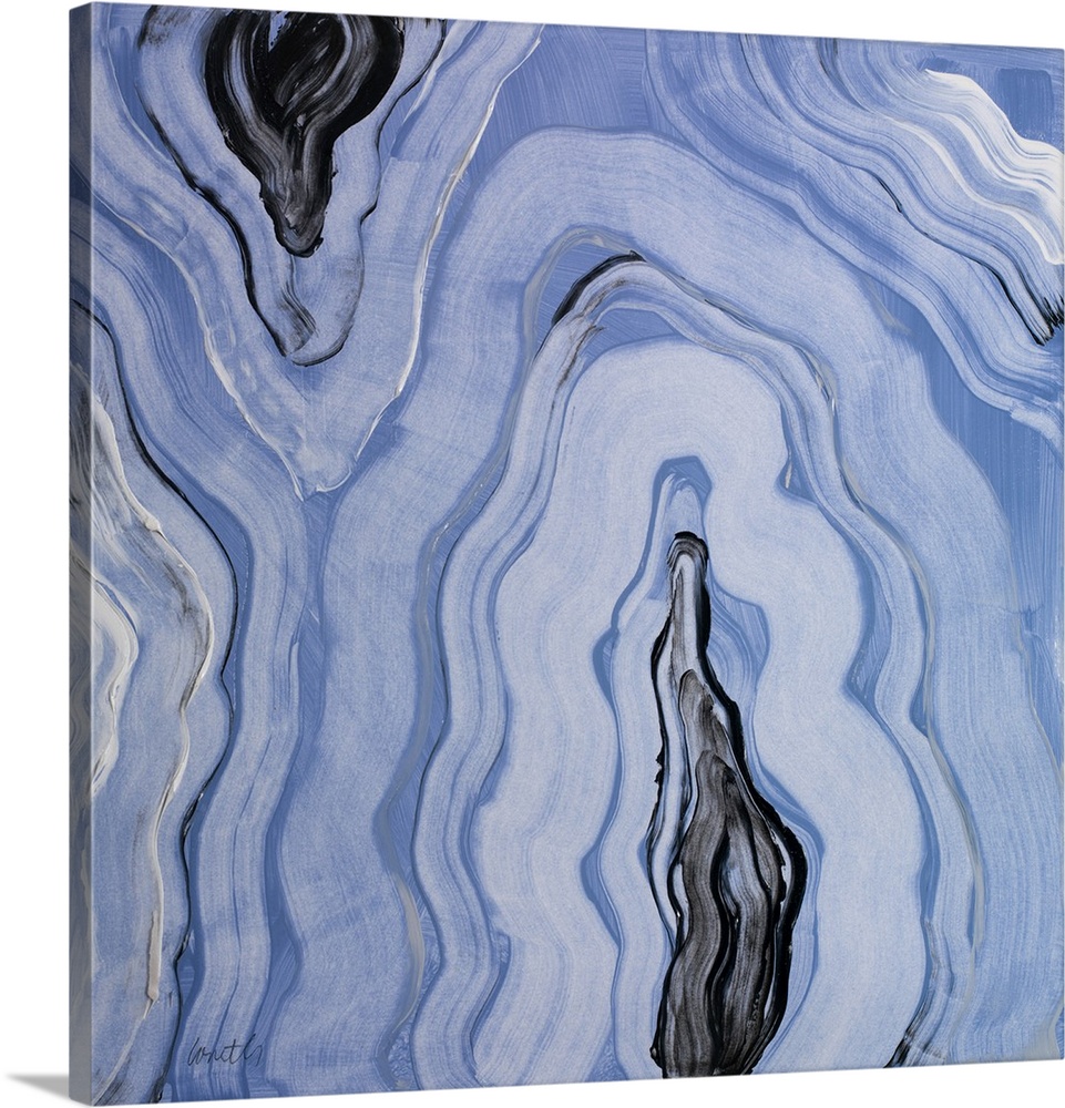 Square abstract painting of agate in shades of blue with gray, black, and white.