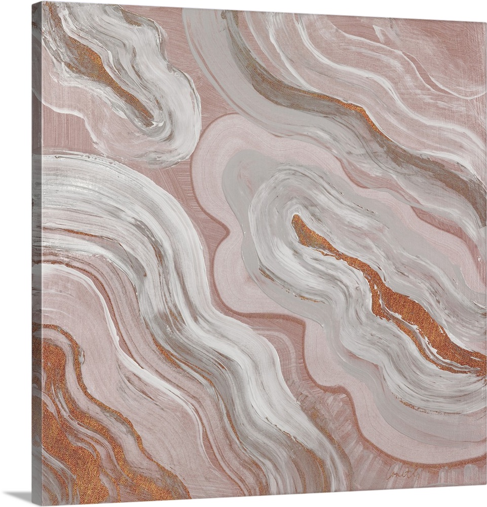 Square abstract painting of agate in dull shades of orange with gray, white, and a sparkly orange.