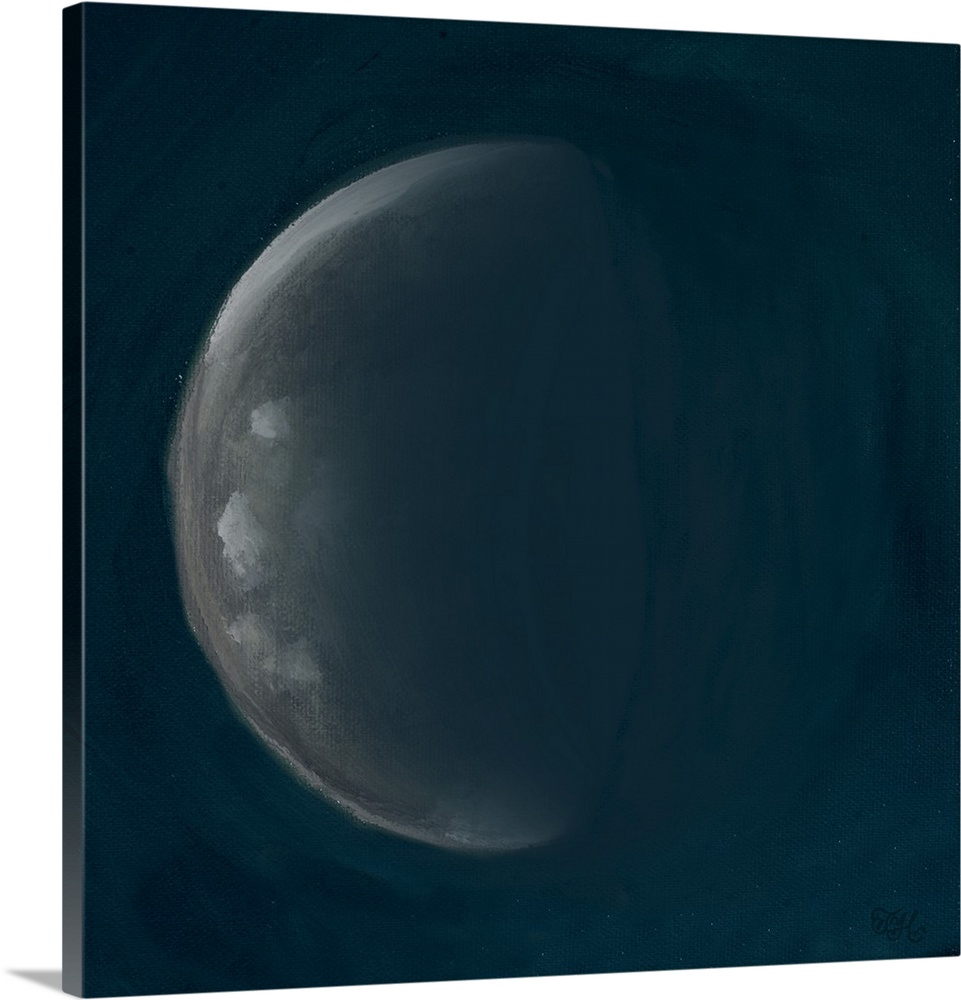 Square painting of the fourth phase of the moon on a deep blue background.