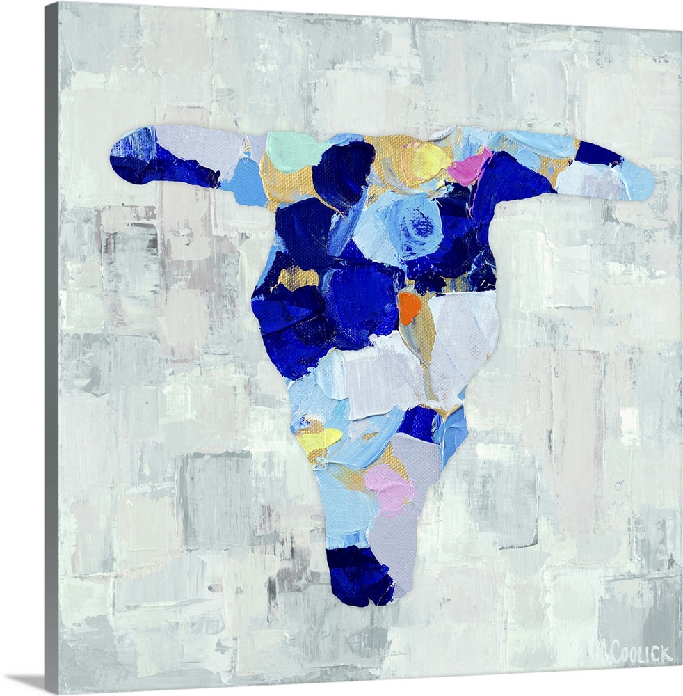 Semi-abstract painting of a cattle skull in vibrant blue shades.