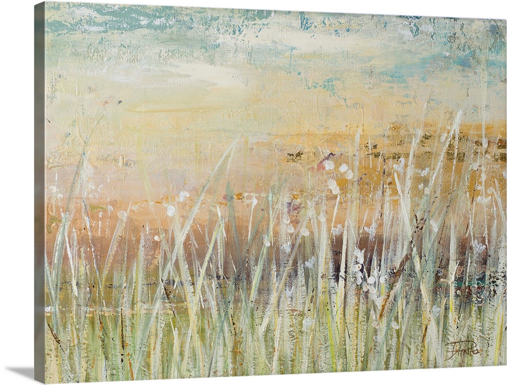 A contemporary landscape painting with pale colors and white, tall grass in the foreground.