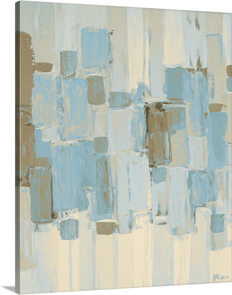 Contemporary artwork in neutral blue and brown shades.
