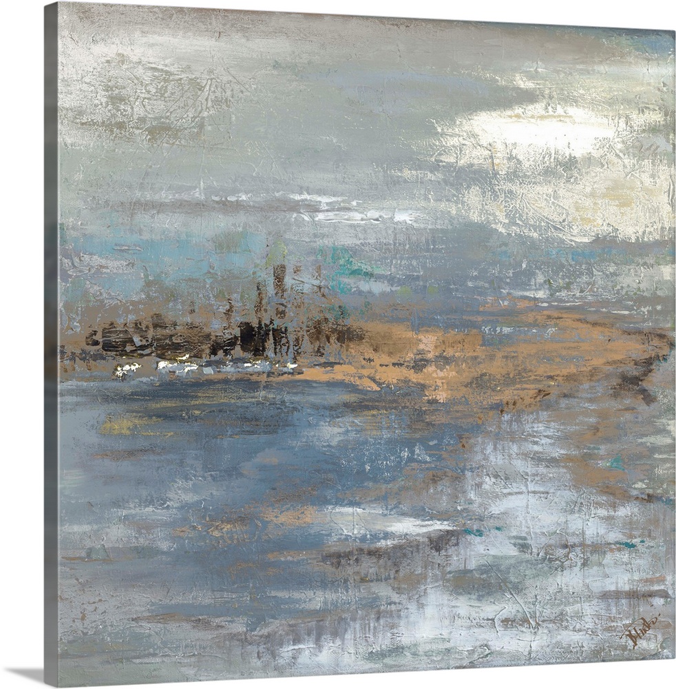 A contemporary abstract painting with various shades of grays, blues, whites and bronze.