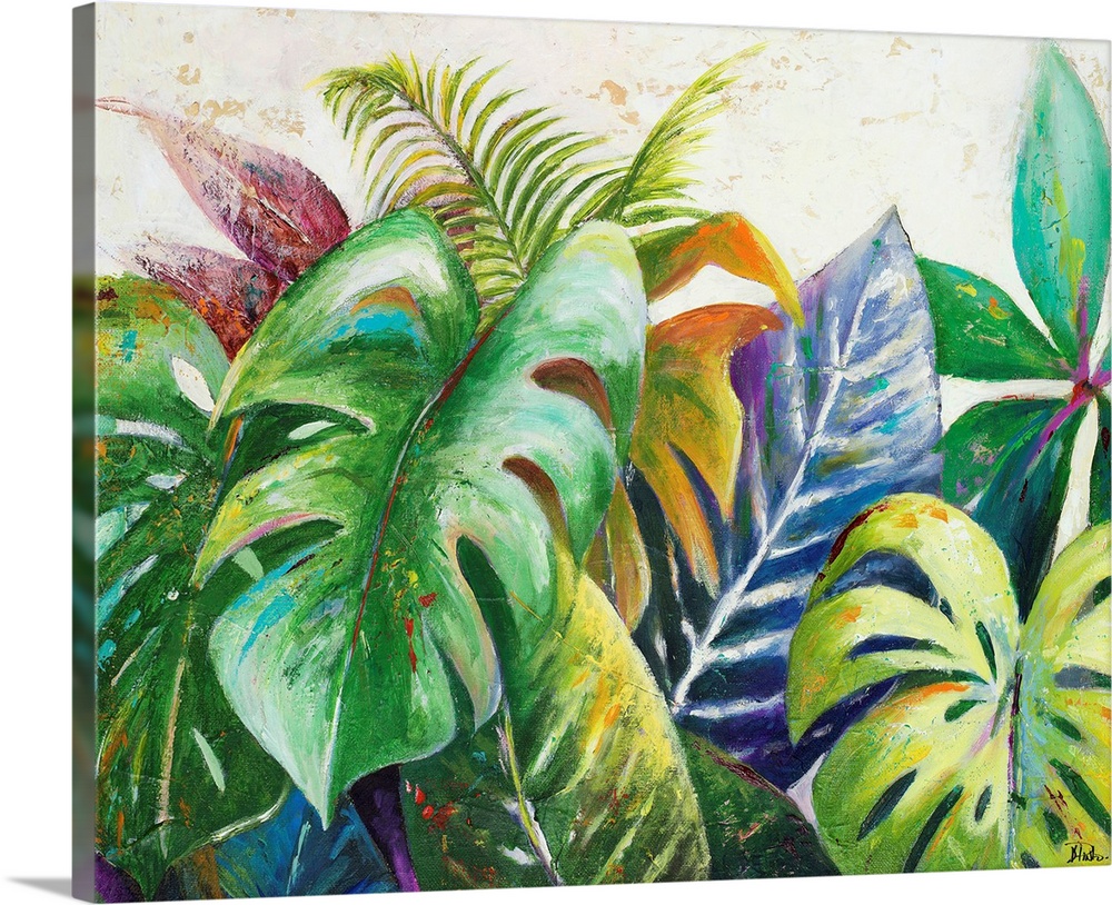 Painting of a large lush looking tropical leaves.