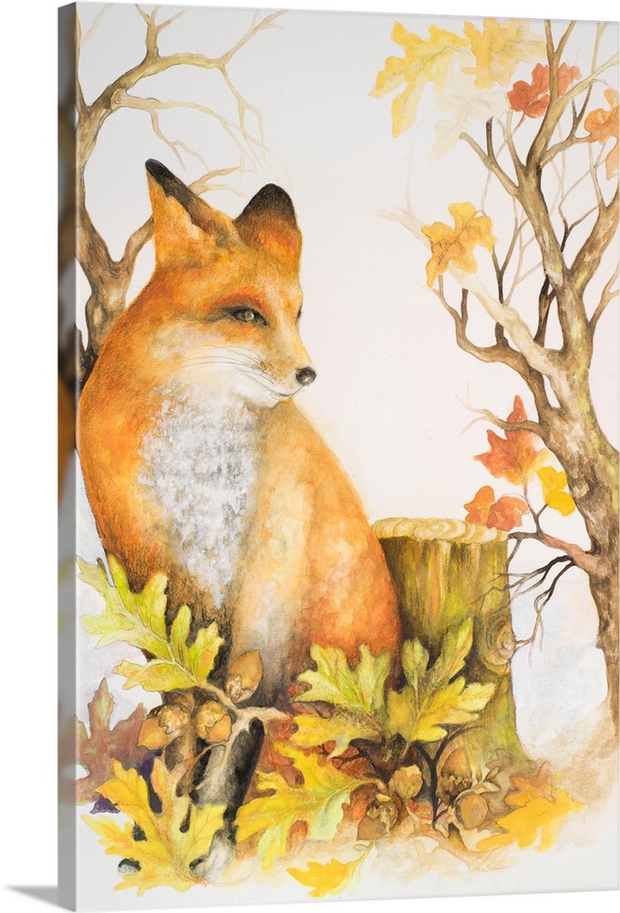 Watercolor painting of a fox with fall leaves next to a stump.