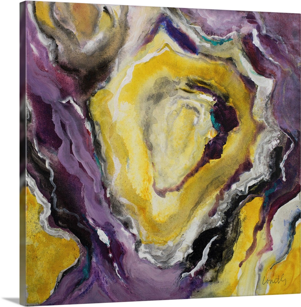 Square abstract painting of quartz showing the purple, gold, white, and black agate.