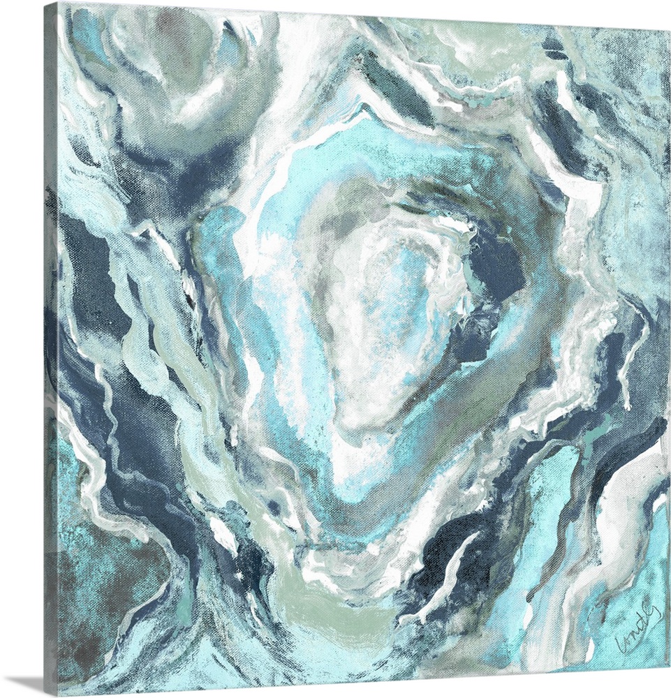 Square abstract painting of quartz showing the agate in shades of blue and white.