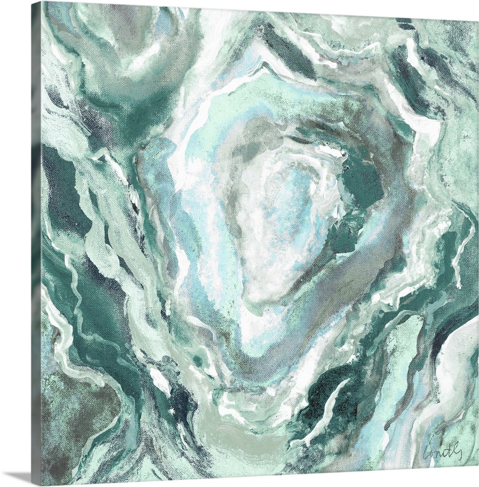 Square abstract painting of quartz showing the agate in shades of green, blue, and white.