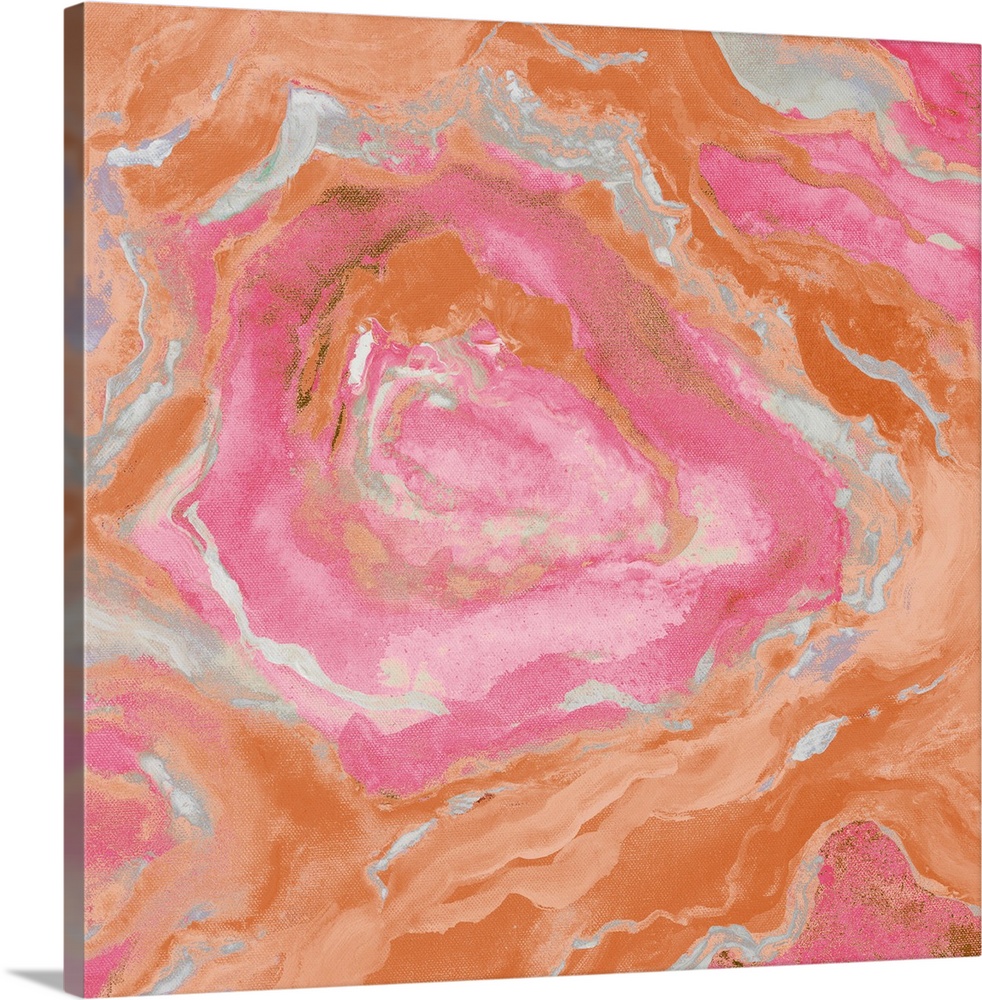 Square abstract painting of quartz showing the agate in light shades of orange, pink, and gray.
