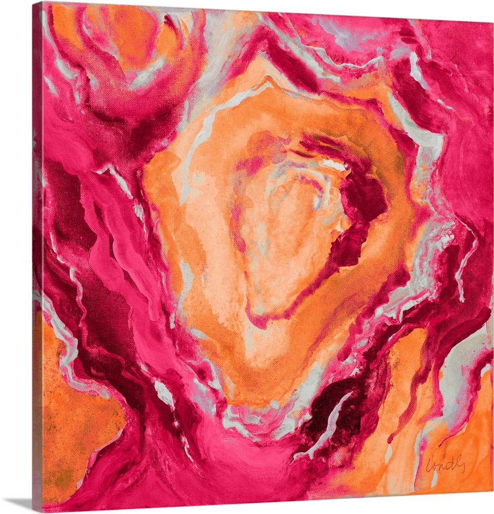 Square abstract painting of quartz showing the agate in dark shades of orange, pink, and gray.