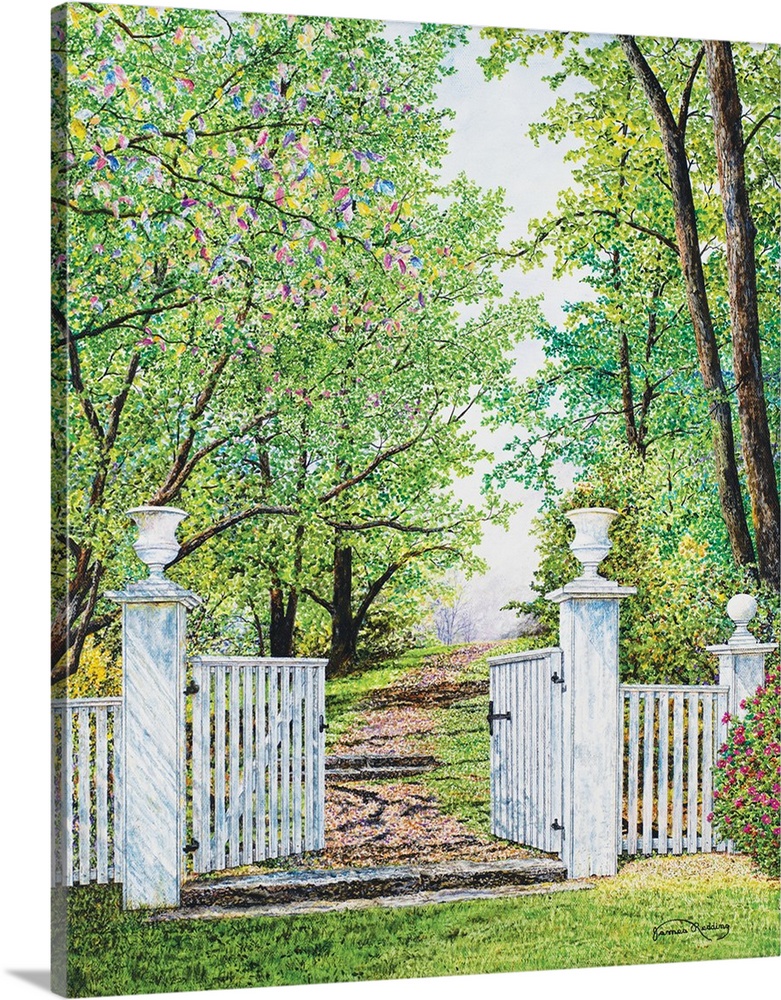 A contemporary painting of a white gate leading to a path lined with green trees.