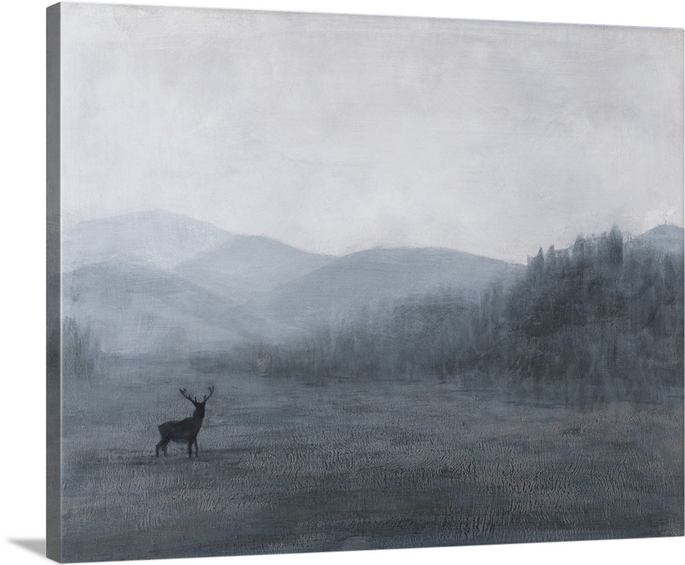 Contemporary artwork of a dreamy landscape with a deer standing in a field and striations throughout.