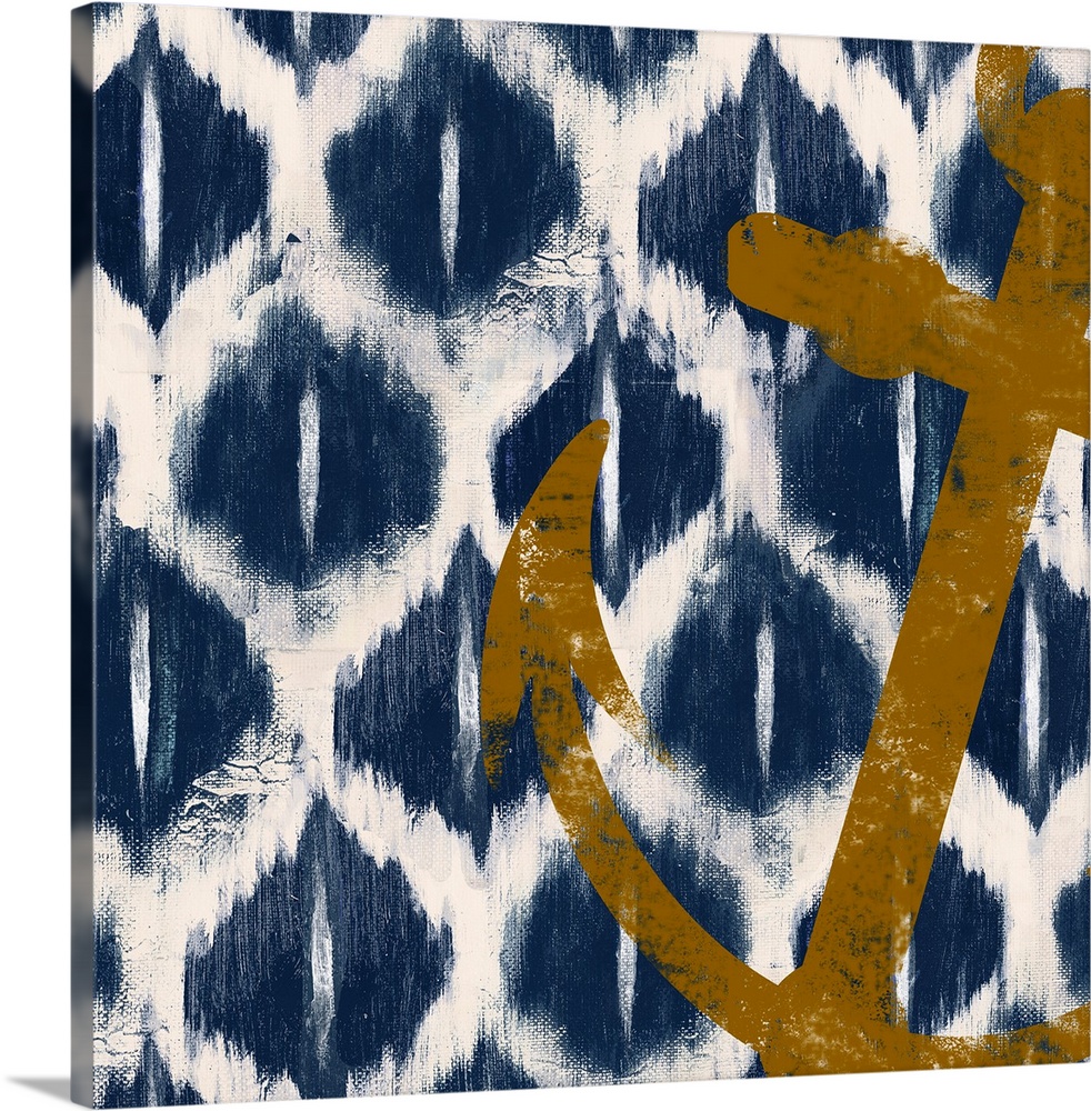 Square painting of a boat anchor on top of a background of various shapes outlined in white.