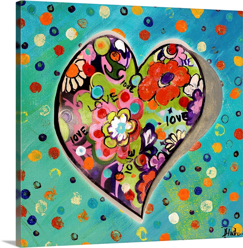 Heart shape filled with bright flowers on a colorful dotted background.